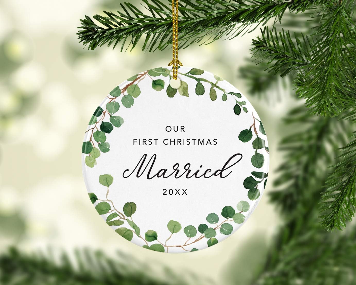 Andaz Press Custom Year Round Ceramic Porcelain Christmas Tree Ornament Keepsake Collectible Gift, Our First Christmas Married 2025, Farmhouse Eucalyptus Wreath, 1-PackCouple