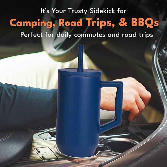 Elemental 40 oz Tumbler with Handle and Straw - Spill Proof Insulated Stainless Steel Commuter for Cold Beverages - Travel Coffee Mug with 2 Straws & Spill Proof Lid - 40oz - Navy Blue