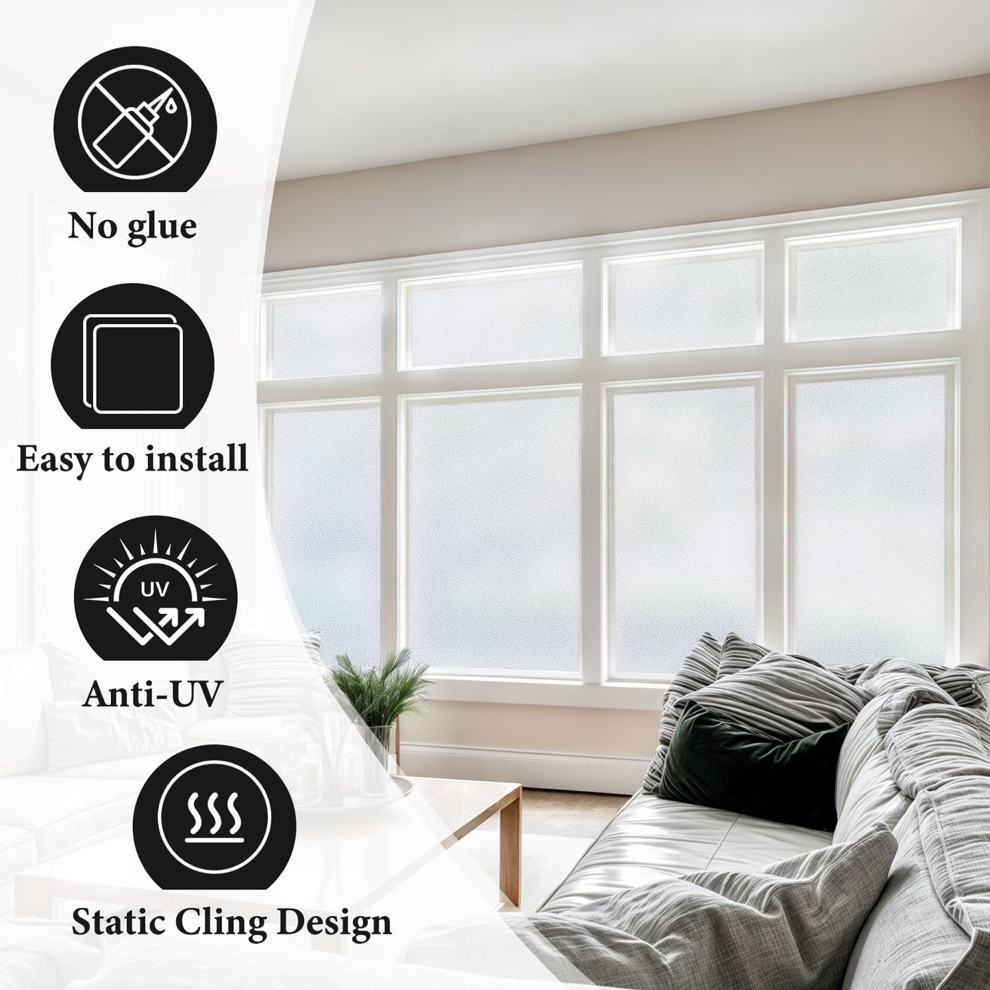 DUOFIRE Privacy Window Film Natural Frosted Glass Film Static Cling Glass Film No Glue Anti-UV Window Sticker Non Adhesive for Privacy Office Meeting Room Bathroom Living Room 23.6in. x 78.7in. S001