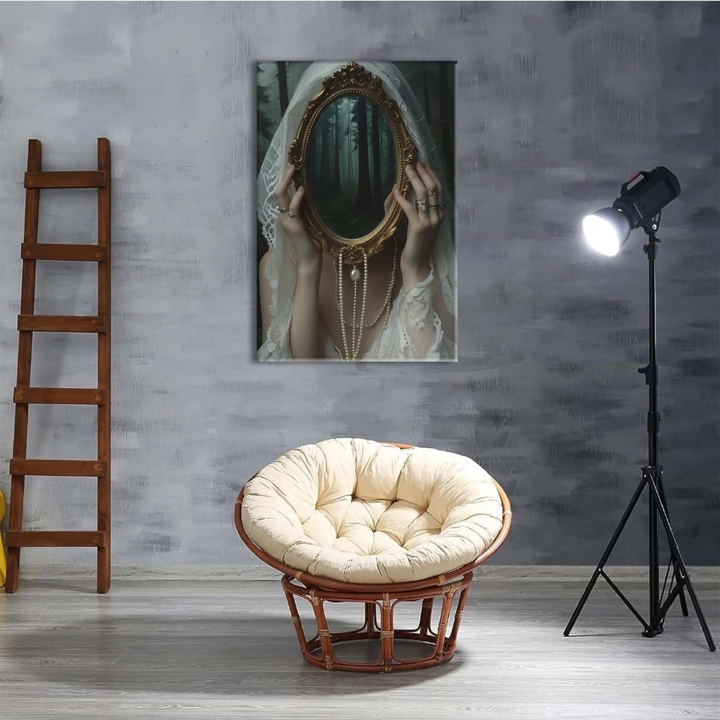 Mirror face covering dark art poster print melancholy gothic painting vintage feminine print victorian style decoration antique art8x12in Wood Framed