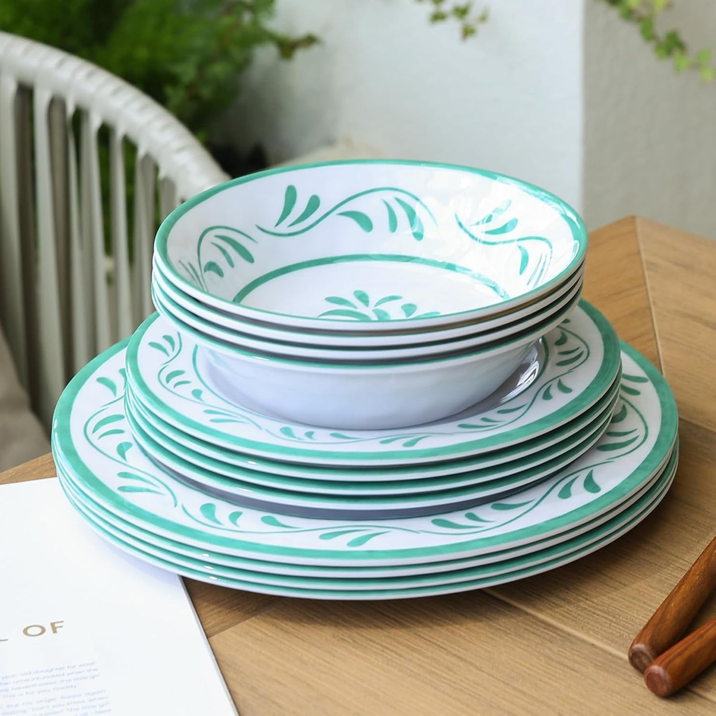 Melamine Dinnerware Sets 12 Pcs, Melamine Plates and Bowls,Party Plates and Bowls Sets, Camping Dishes Set for 4, Unbreakable, BPA Free, Dishwasher Safe （Green water drop flower）