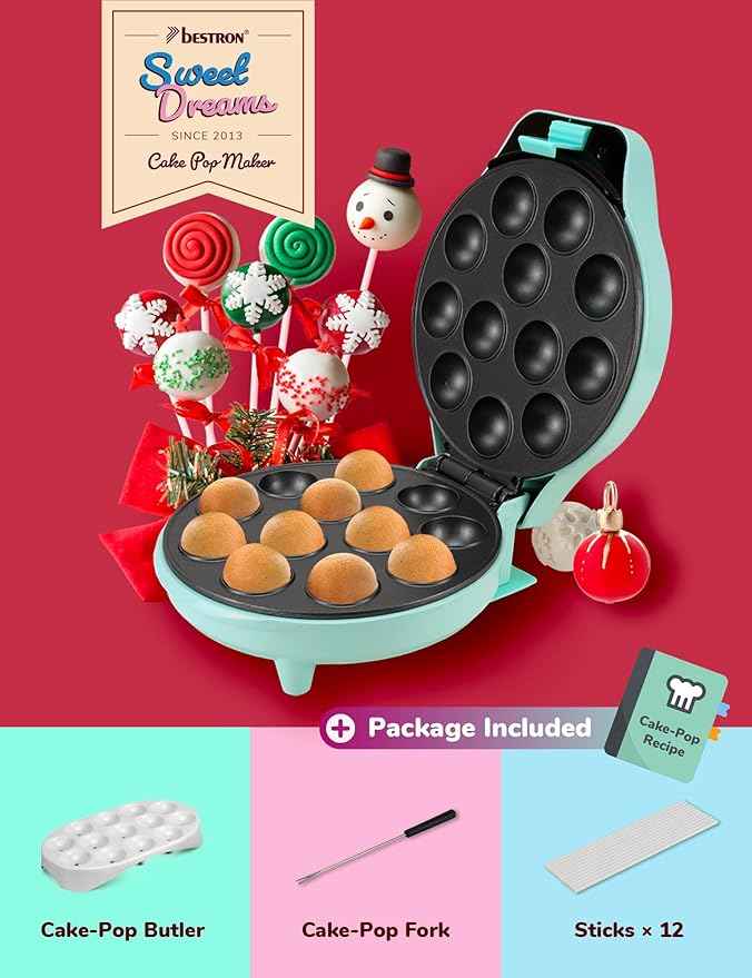 Bestron Cake-Pop-Maker im Retro Design, inklusive Cake-Pop-Butler, Gabel & 12 Cake-Pop-Sticks, mit Antihaftbeschichtung,700 W, Farbe: Mint