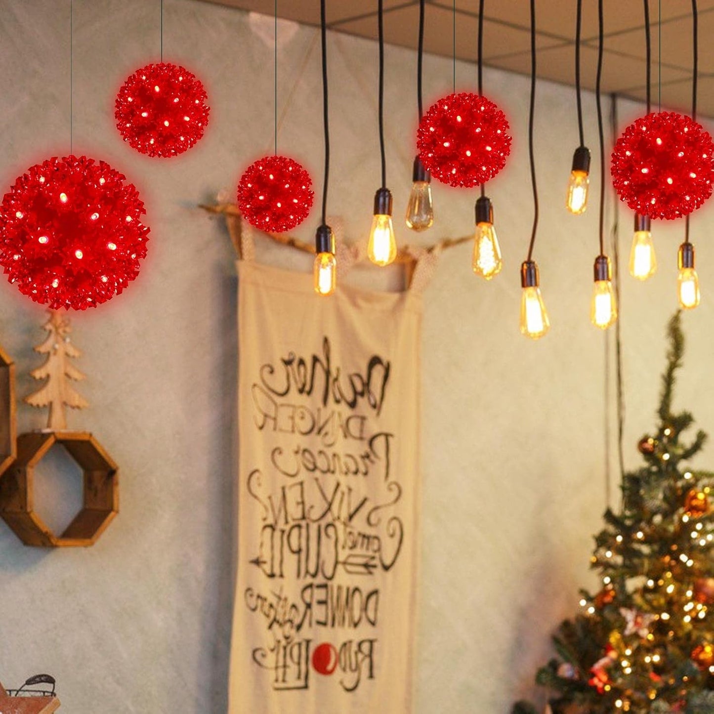 Christmas Lighted Ball 5.5" Outdoor Hanging Sphere Lights Orb 50 LED Red Starlight Sphere for Tree, Porch, Gazebo, Bedroom Decorations
