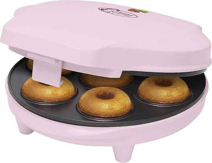 Bestron Retro Design Donut Maker, Mini Donut Maker for 7 Small Donuts, Includes Cooking Indicator & Non-Stick Coating, 700 Watts, Sweet Dreams Collection, Colour: Pink