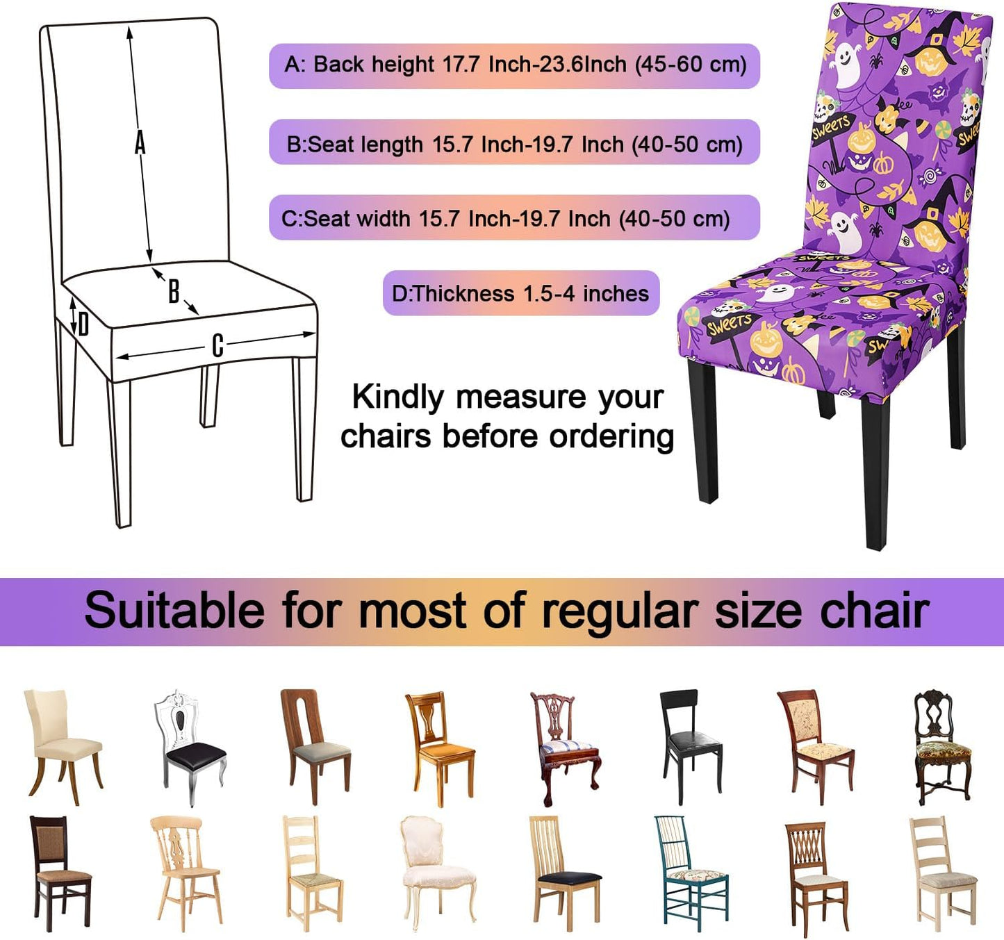 JQinHome Purple Halloween Chair Slipcover, Spider Web Chair Covers Set of 4, High Stretch Washable Chair Protector Cover for Dining Room, Kitchen,Home Party,Wedding Ceremony(Purple Candy,4PC)