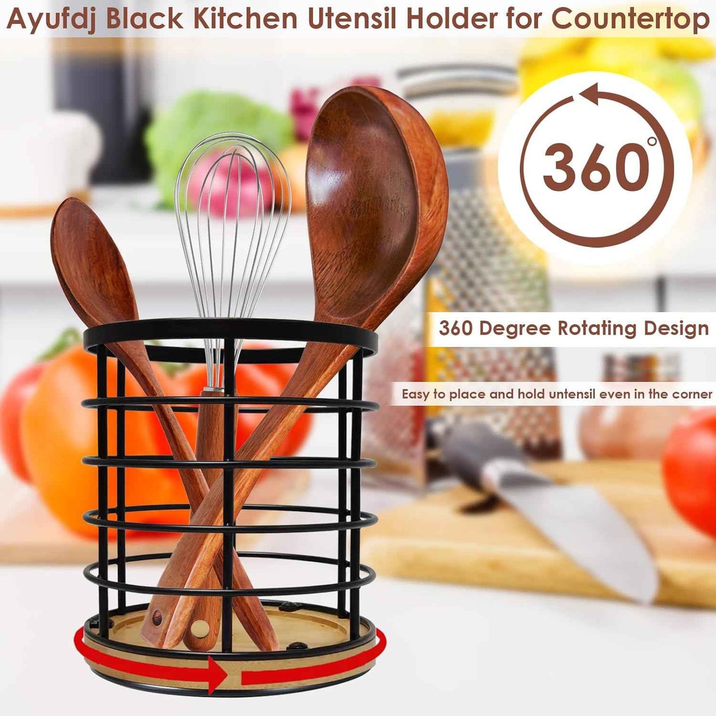 Black Kitchen Utensil Holder for Countertop, 360° Rotating Cooking Utensils Holder Caddy for Kitchen Counter-top, 5.2" x 6" Large Cylinder Spatula Holder Crock for Farmhouse Décor