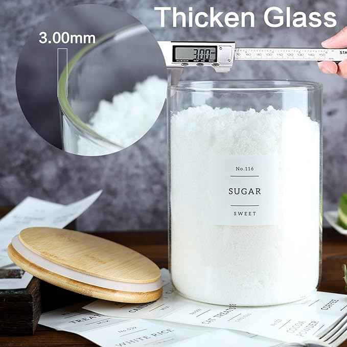 CZSZYGHBAO Large Glass Flour and Sugar Containers Jars with Bamboo Airtight Lid - 100 Fl Oz (3000ml) with Kitchen 42 Pantry Labels for Dry Food, Flour, Pasta, Cereal