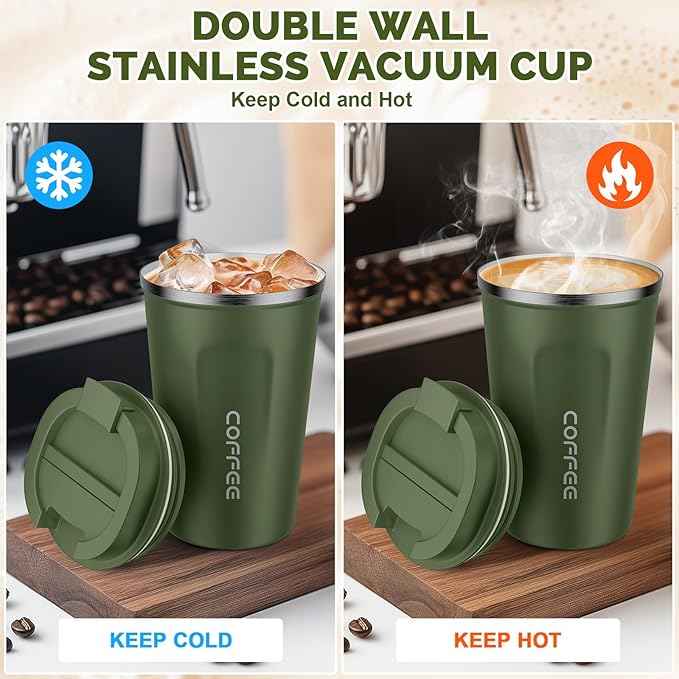 MOMSIV 12oz Travel Mug, Insulated Coffee Cup with Leakproof Lid, Vacuum Stainless Steel Double Walled Reusable Tumbler for Hot and Cold Water Coffee and Tea In Travel and Car Armygreen