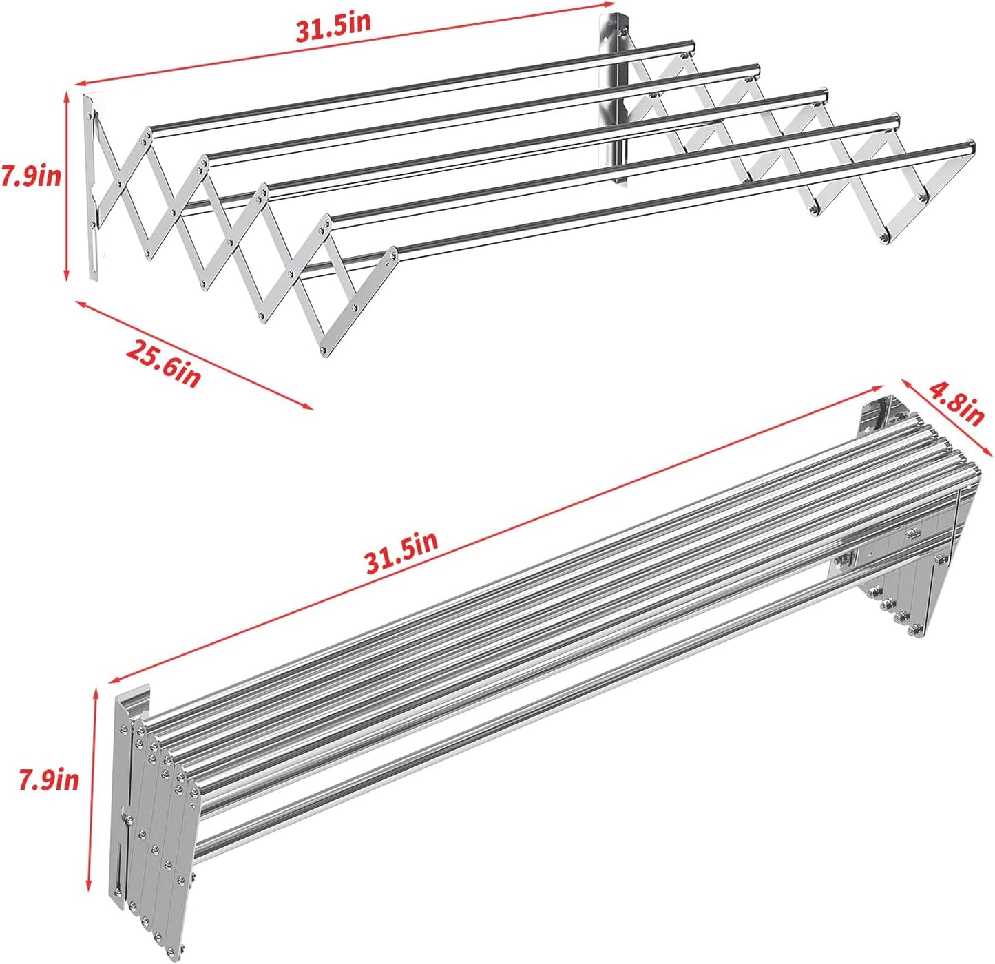 Guevara Wall Mounted Clothes Drying Rack,Stainless Steel Foldable Drying Rack for Laundry Room/Bathroom Tower，Easy to Install 31-inch Rod, 120 lbs Large Capacity- Indoor and Outdoor Use