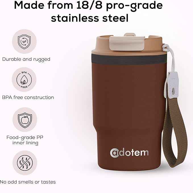 Insulated 16oz Stainless Steel Tumbler Mug Leakproof Double Walled Vacuum Thermal Coffee Cup with 2-in-1 Straw & Lid, Cupholder-Friendly Travel Mug for Hot & Cold Drinks (Brown)
