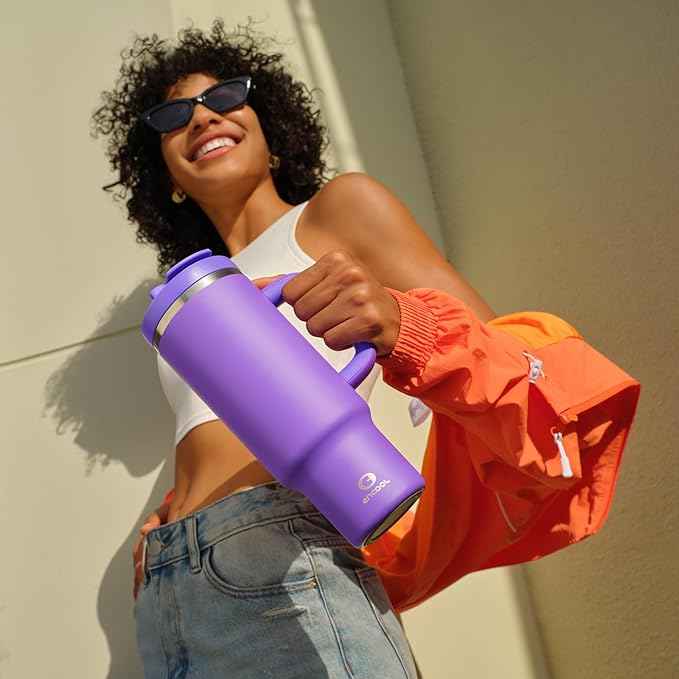 40 oz Tumbler with Handle and Straw: Stainless Steel Insulated Tumbler Keeps Cold for 24 Hours, Leakproof Travel Cup Fits in Cup Holder and BPA-Free,Violet