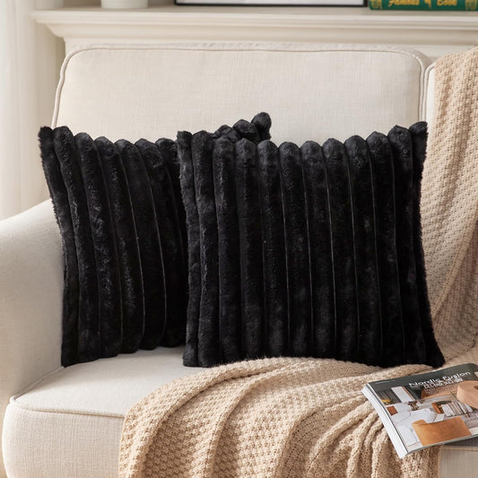 DEELAND Pack of 2,Double-Sided Faux Fur Plush Decorative Throw Pillow Covers Fuzzy Striped Soft Pillowcase Cushion Covers for Sofa Couch Bedroom Black 24x24 inch