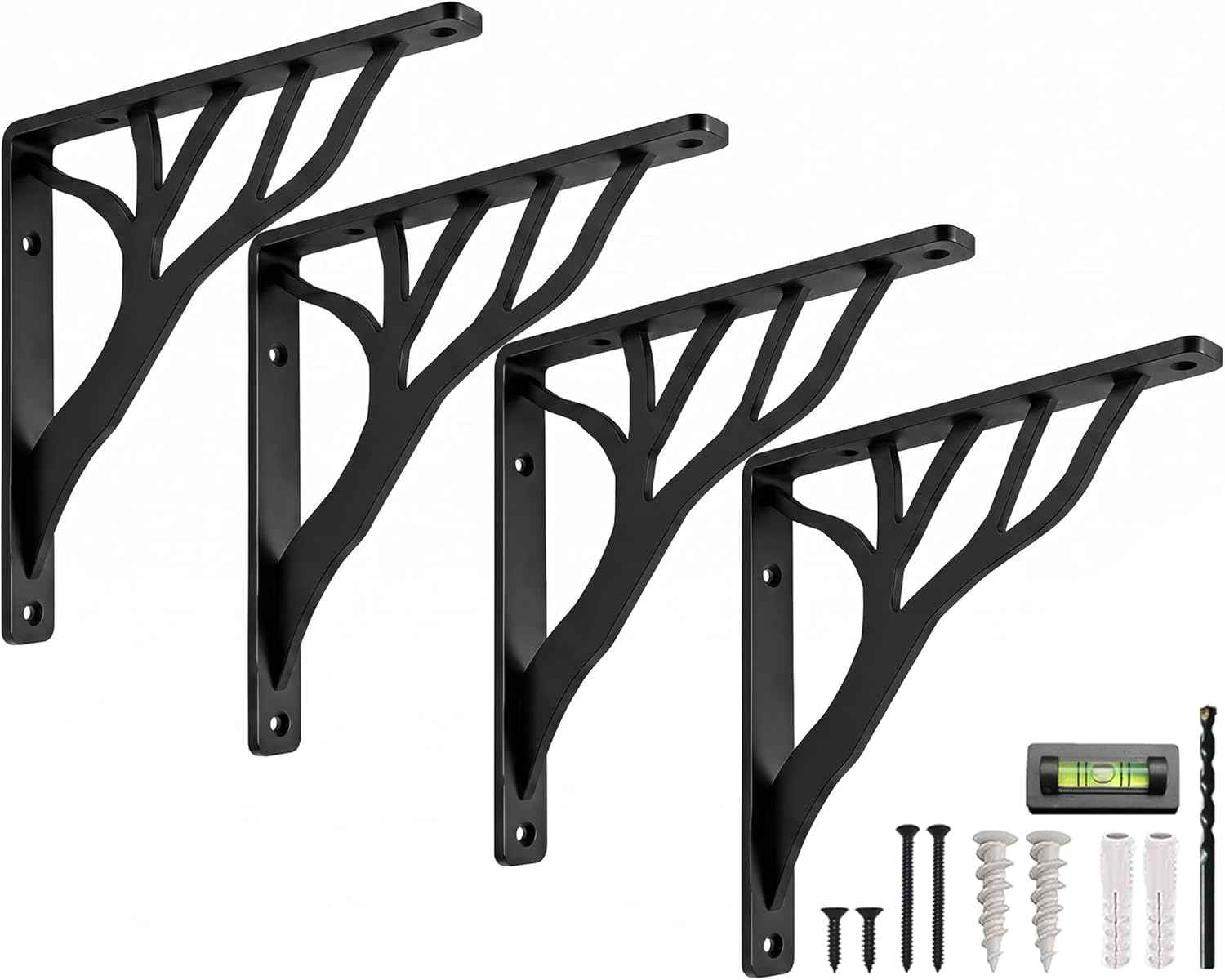 Rustic Tree Black Heavy Duty Shelf Brackets 10 inch by Balin Designs, Decorative L Brackets, Iron Metal Floating Shelf Bracket, Wall Mount Shelving Bracket, Included Hardware, Set of 4