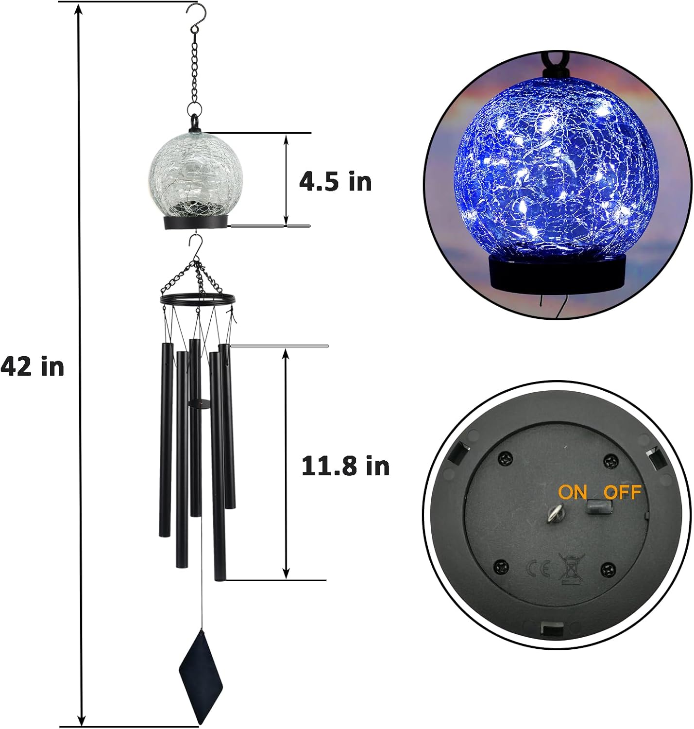 Garden Wind Chimes Outdoor, Solar Hanging Glass Ball Wind Chimes with 15 Blue LEDs 42 Inch Large with Unique Memorial Sympathy Wind Chime Outside Garden Decor as a Gift for Patio, Porch, Balcony