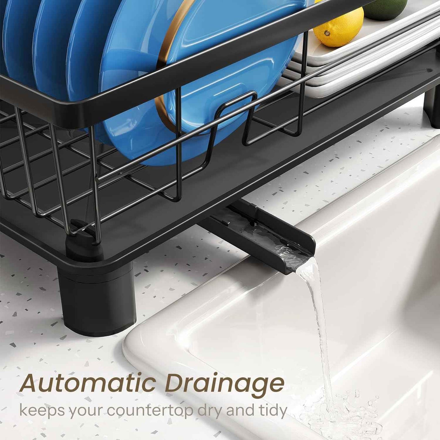 SNTD Dish Drying Rack - Space-Saving Dish Rack for Kitchen Counter, Stainless Steel Dish Drainer with Utensil Holder and Drainboard, 11" W x 15" L (Black)