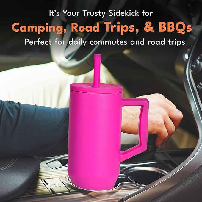Elemental 40 oz Tumbler with Handle and Straw - Spill Proof Insulated Stainless Steel Commuter for Cold Beverages - Travel Coffee Mug with 2 Straws & Spill Proof Lid - 40oz - Hot Pink