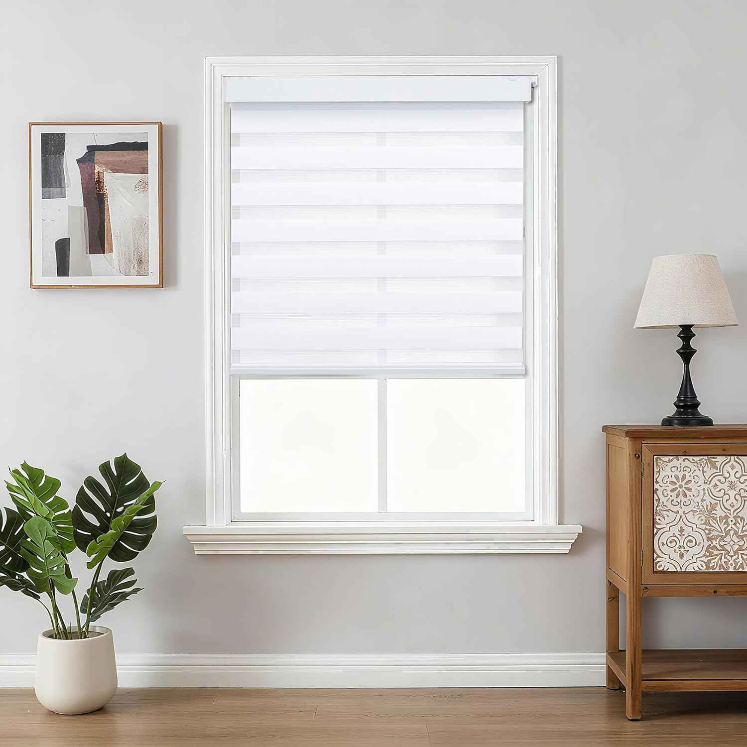 Joydeco No Drill Zebra Blinds for Windows, Cordless Day & Night Dual Sheer Roller Shades, Easy Installation, Free-Stop Light Filtering Privacy Blinds for Home(White,34" W x 75" H,2025 Version)
