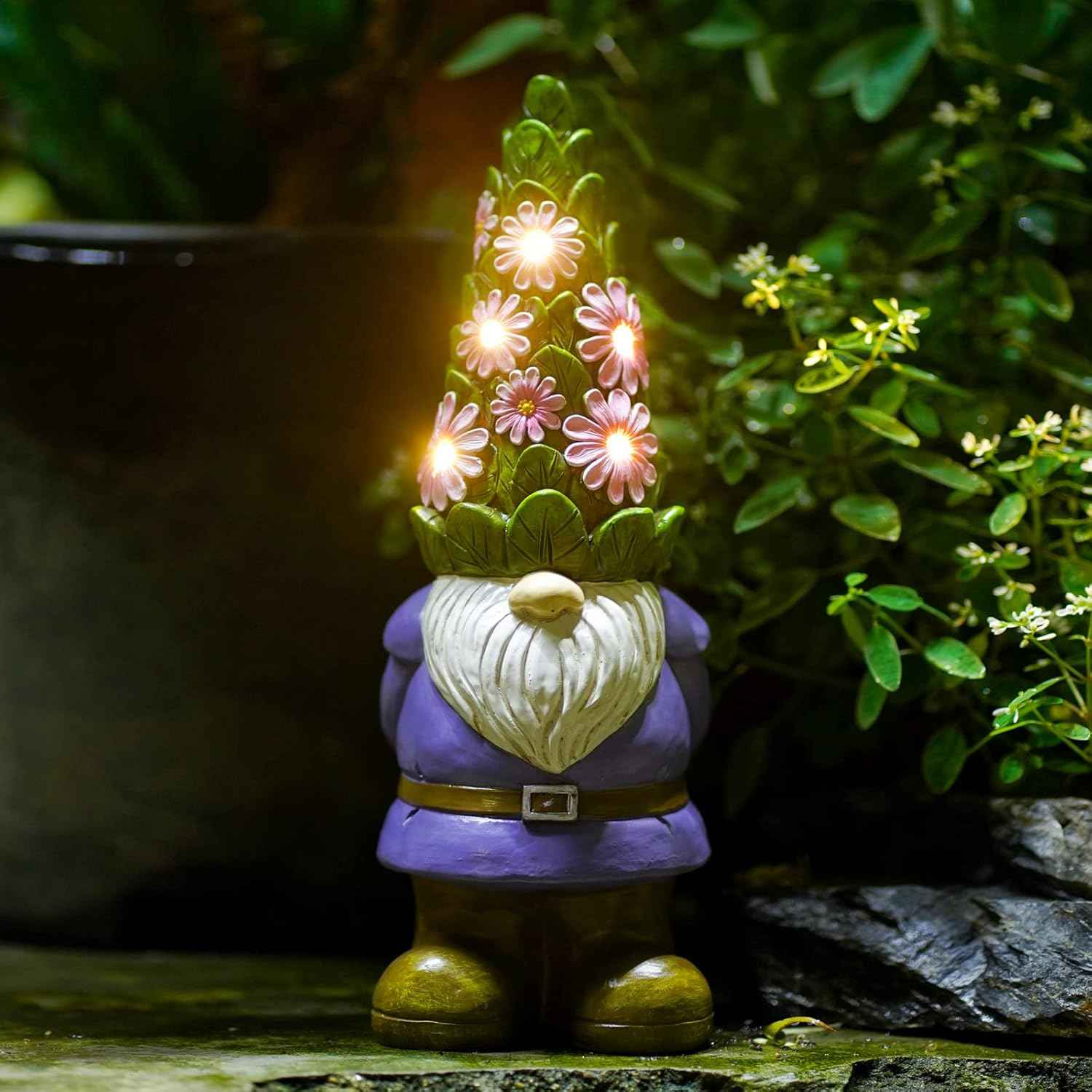 Nacome Solar Garden Outdoor Statues Gnome with Succulent and 7 LED Lights - Lawn Decor for Patio, Balcony, Yard Ornament for Mom Grandma Women