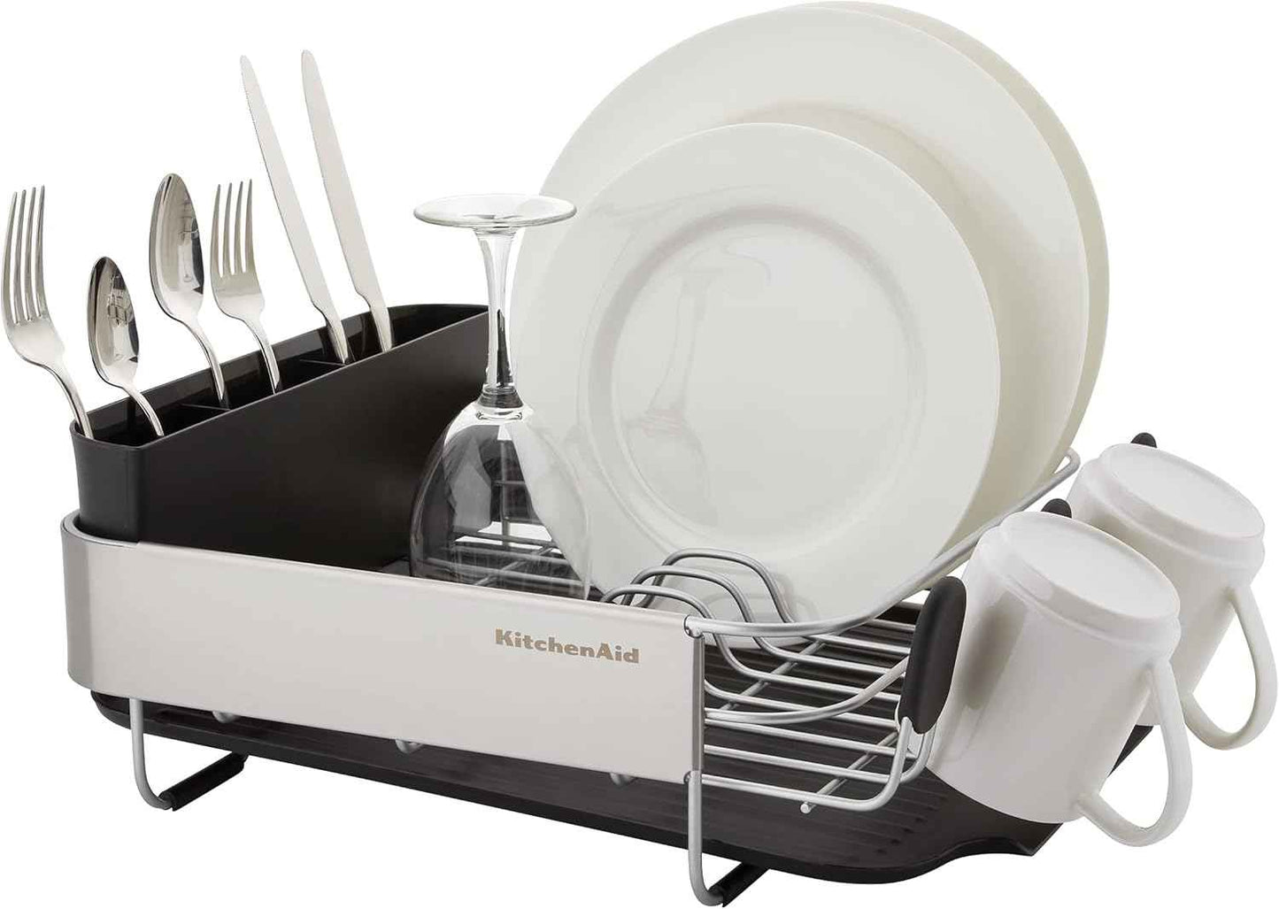 KitchenAid Compact, Space Saving Rust Resistant Dish Rack with Removable Flatware Caddy and Angled Self Draining Drainboard, 16.06-Inch, Black