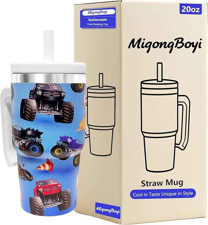 2PCS 20-OZ Insulated Water Bottle,Insulated Stainless Steel Tumbler,Reusable Cold Drink Thermos,BPA-Free, Double-Wall Stainless Steel Water Bottle (Light blue-Monster trucks, 20, Fluid Ounces)