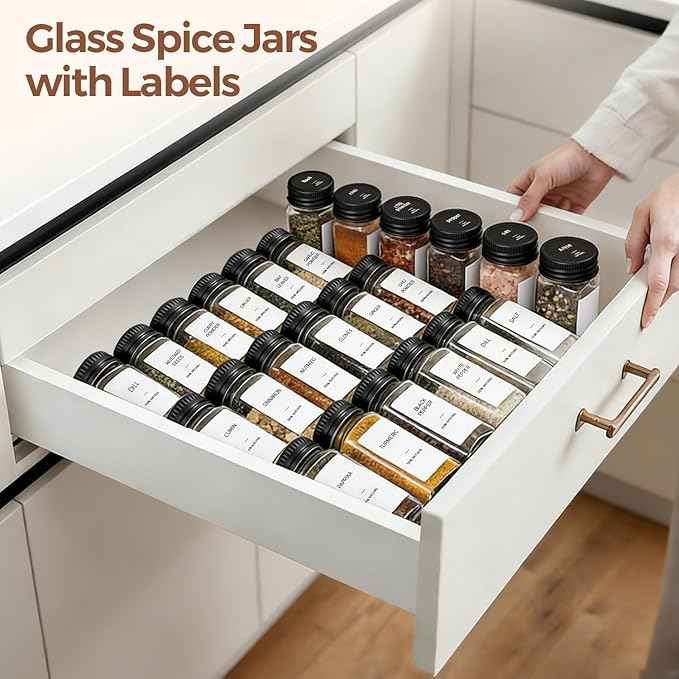 ComSaf Glass Spice Jars with Label, 24Pcs 4oz, 93 Labels, a Metal Funnel, Extra Shaker Lids, Empty Spice Containers and Square Spice Bottles for Kitchen and Seasoning