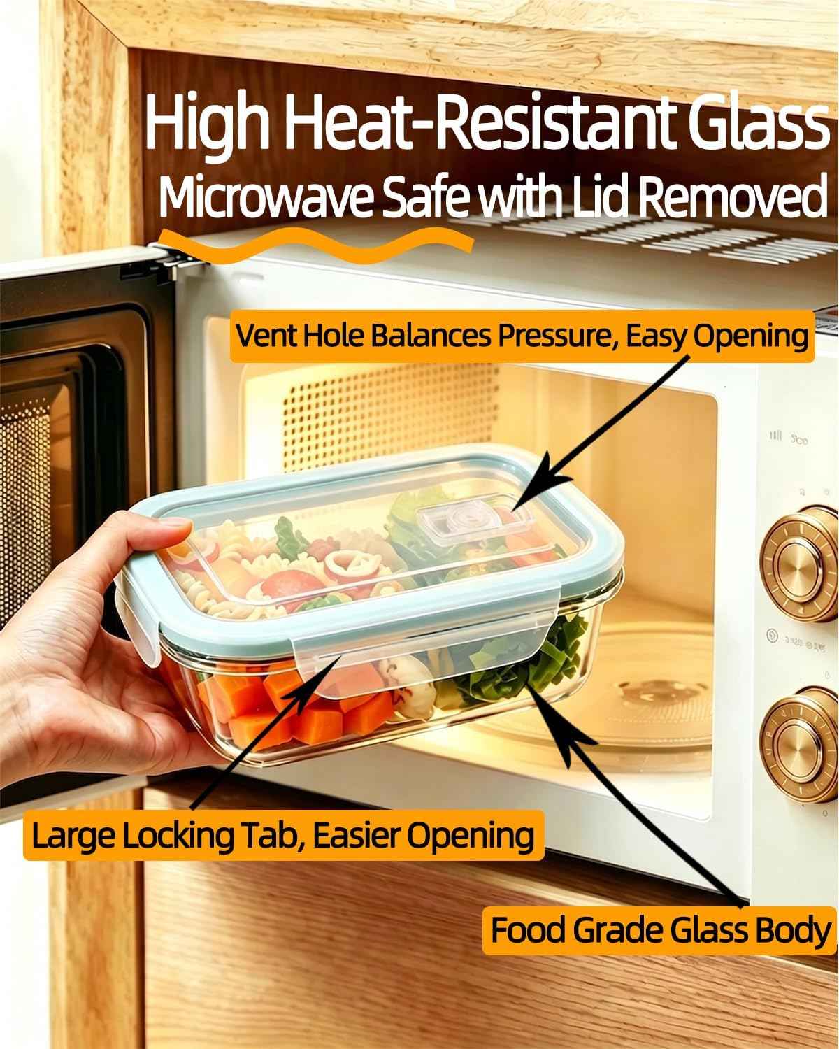 8 Pack Glass Meal Prep Containers with Lids, Glass Food Storage Containers with Airtight Vent Hole Lids, Lunch Containers Sets with lids Glass, Microwave Oven Freezer Dishwasher Safe
