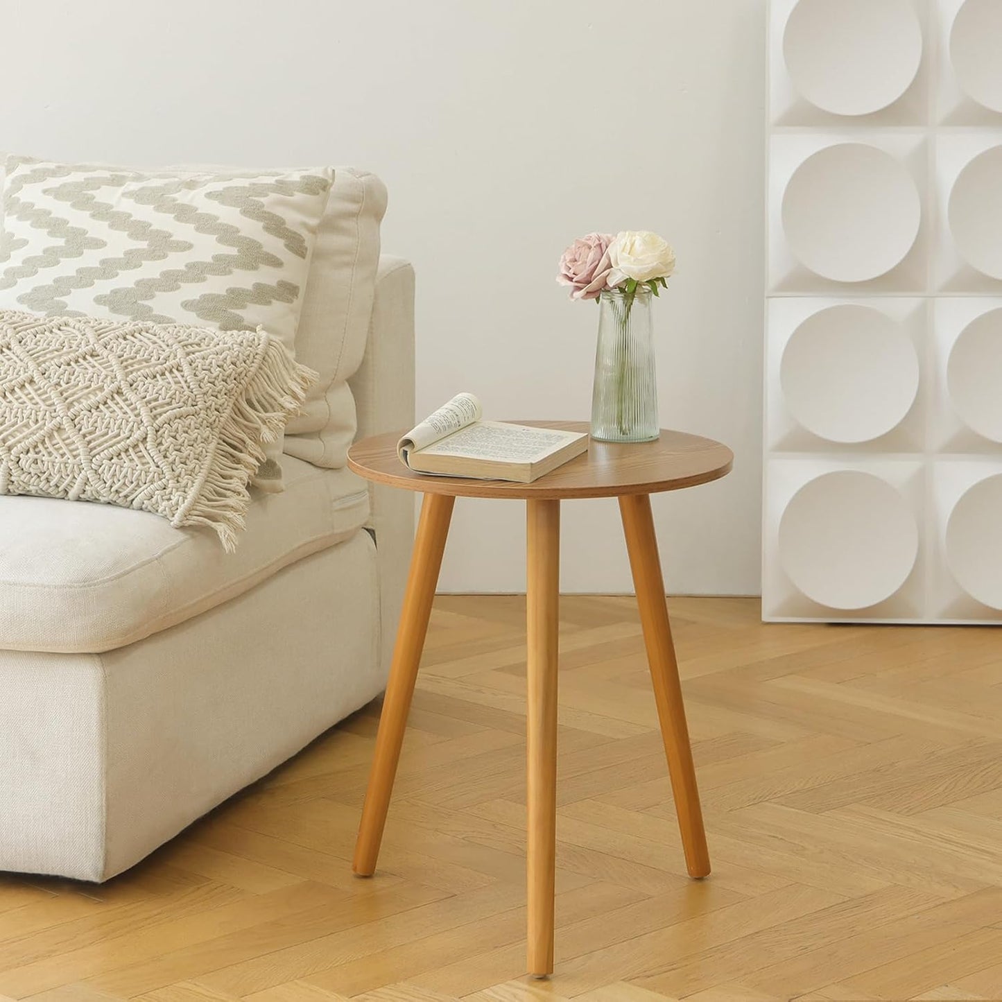 AWASEN Round Side Table, Small End Table for Living Room, Modern Accent Coffee Side Table with Solid Wood Legs for Small Space, Easy Assembly, Brown