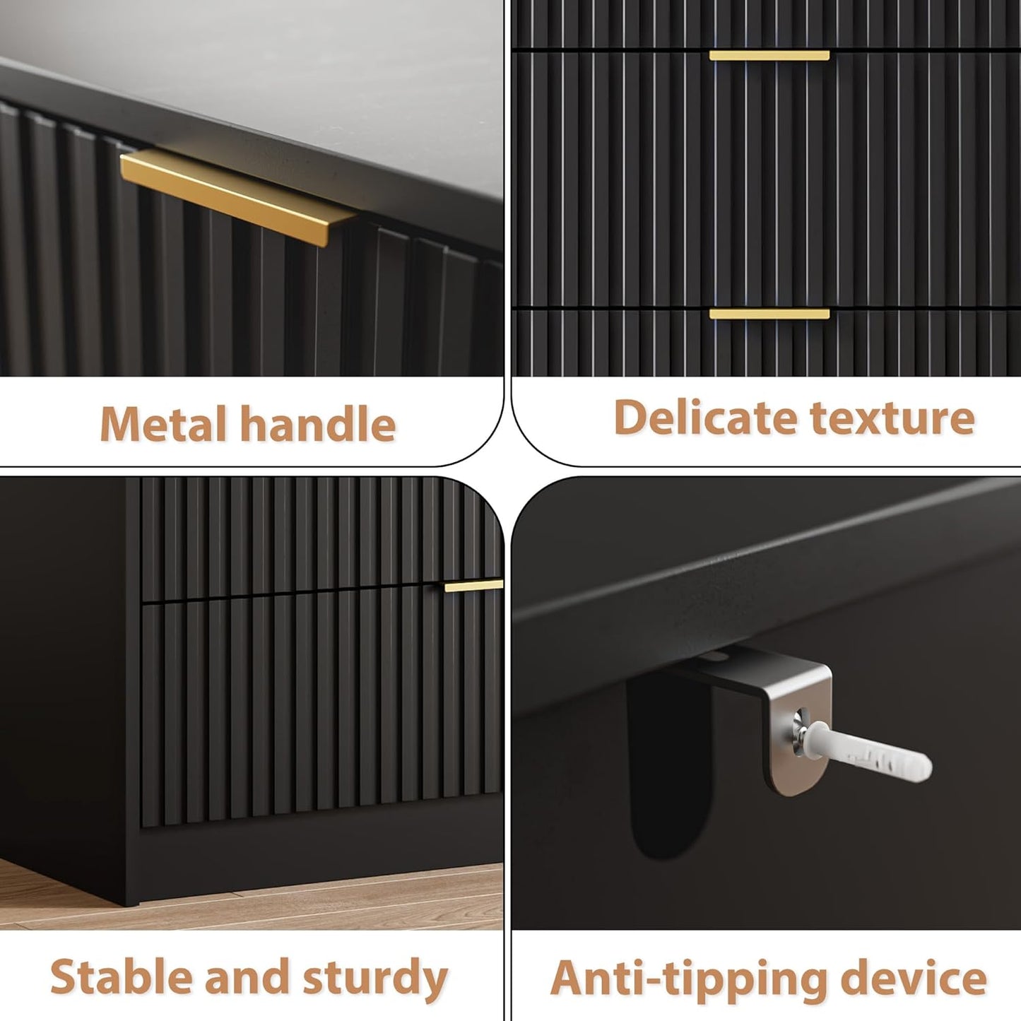 Black Fluted Dresser for Bedroom, 32 Inch Wide Nightstand with Large Drawer, 3 Drawer End Table for Bedroom, Living Rooms, Offices, and Entryways