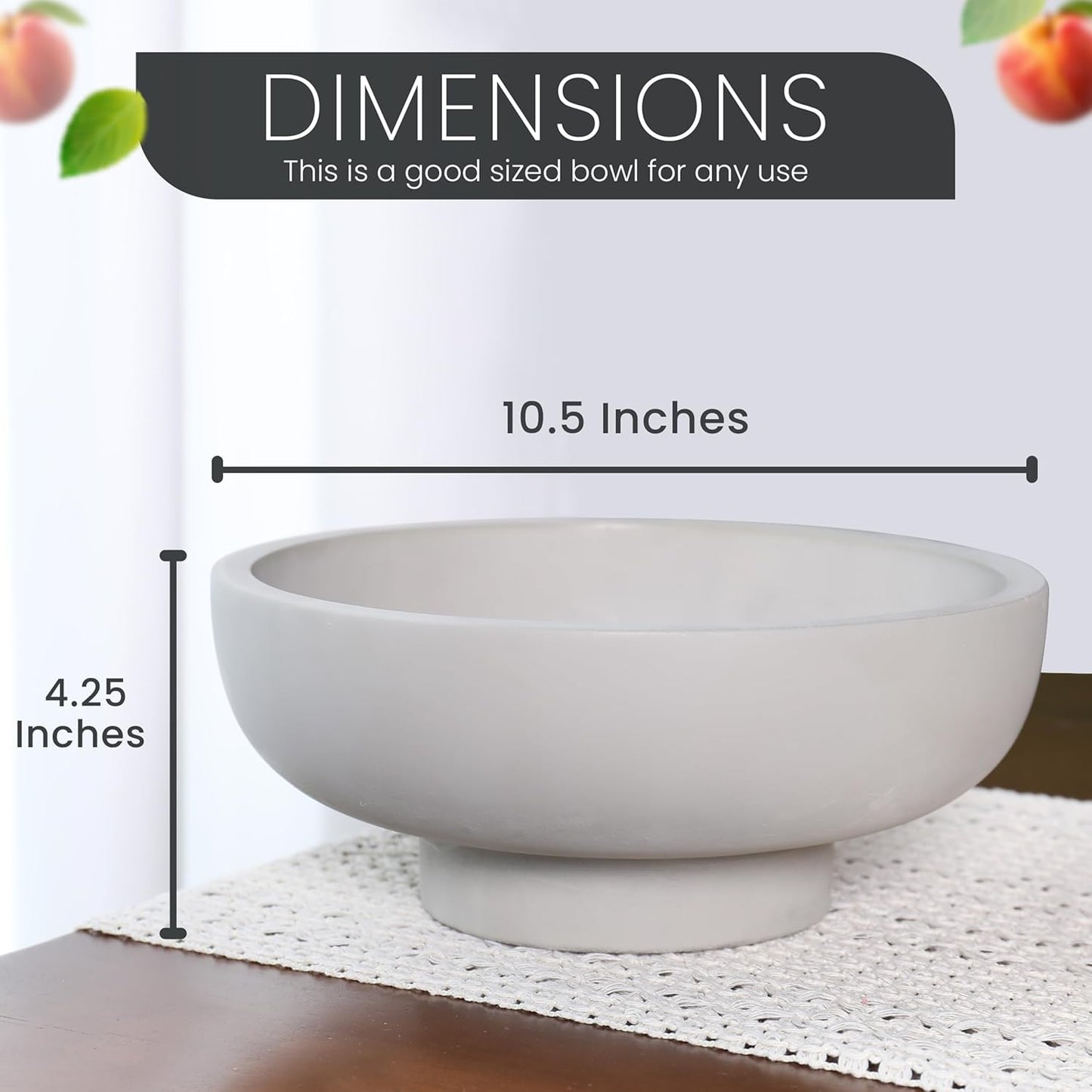 Concrete Fruit Bowl - 10.5” Diameter & 4.25” Height - Modern Key Bowl for Entryway Table - Decorative Pedestal Centerpiece - Grey