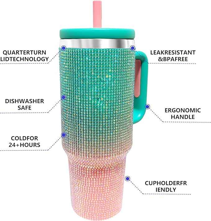 40-OZ Insulated Water Bottle,Insulated Stainless Steel Tumbler,Reusable Cold Drink Thermos,BPA-Free, Double-Wall Stainless Steel Water Bottle (Aqua Pink - Diamond, 40, Fluid Ounces, 40, Fluid Ounces)