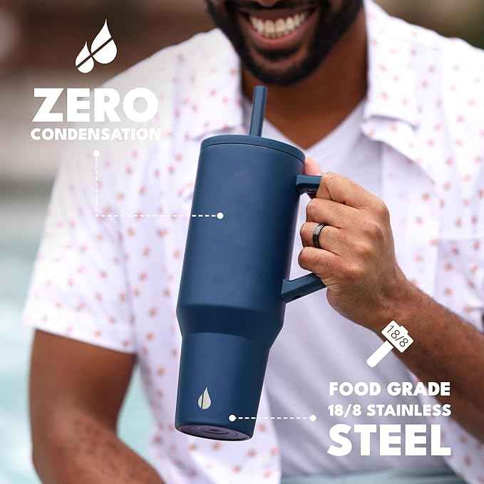 Elemental 40 oz Tumbler with Handle and Straw - Spill Proof Insulated Stainless Steel Commuter for Cold Beverages - Travel Coffee Mug with 2 Straws & Spill Proof Lid - 40oz - Navy Blue