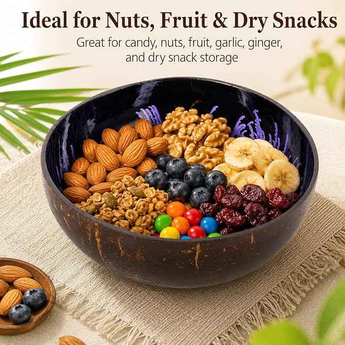 ChezMax Natural Coconut Bowl Mother of Pearl Inlaid Shell Bowls Key Bowl for Entryway Table Candy Container Nuts Holder Fruits & Dry Snack Storage Bowl Round Handcrafted Bowl for Decoration