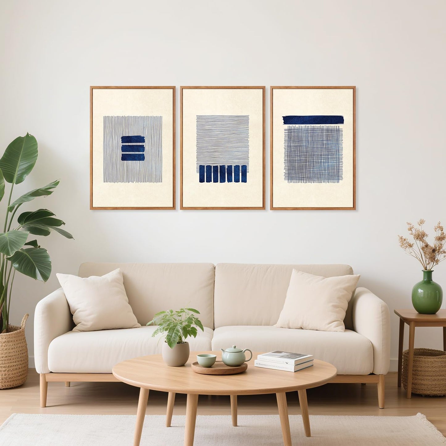 Aurlan Boho Christian Line Art Framed Wall Decor(16"x24"), 3PCS Minimalist Jesus Leavs the 99 Sheep Lamb Bible Story Canvas Artwork, Neutral Abstract Beige Navy Blue Religious Painting for Bedroom Living Room