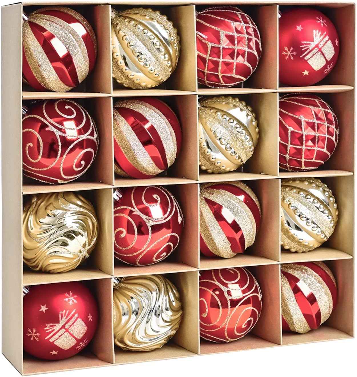 Christmas Ball Ornaments 16ct Set, Red and Gold Classic Luxury 3.15 Inch Christmas Tree Decorations, Shatterproof Hanging Ornaments for Xmas Holiday Decorations