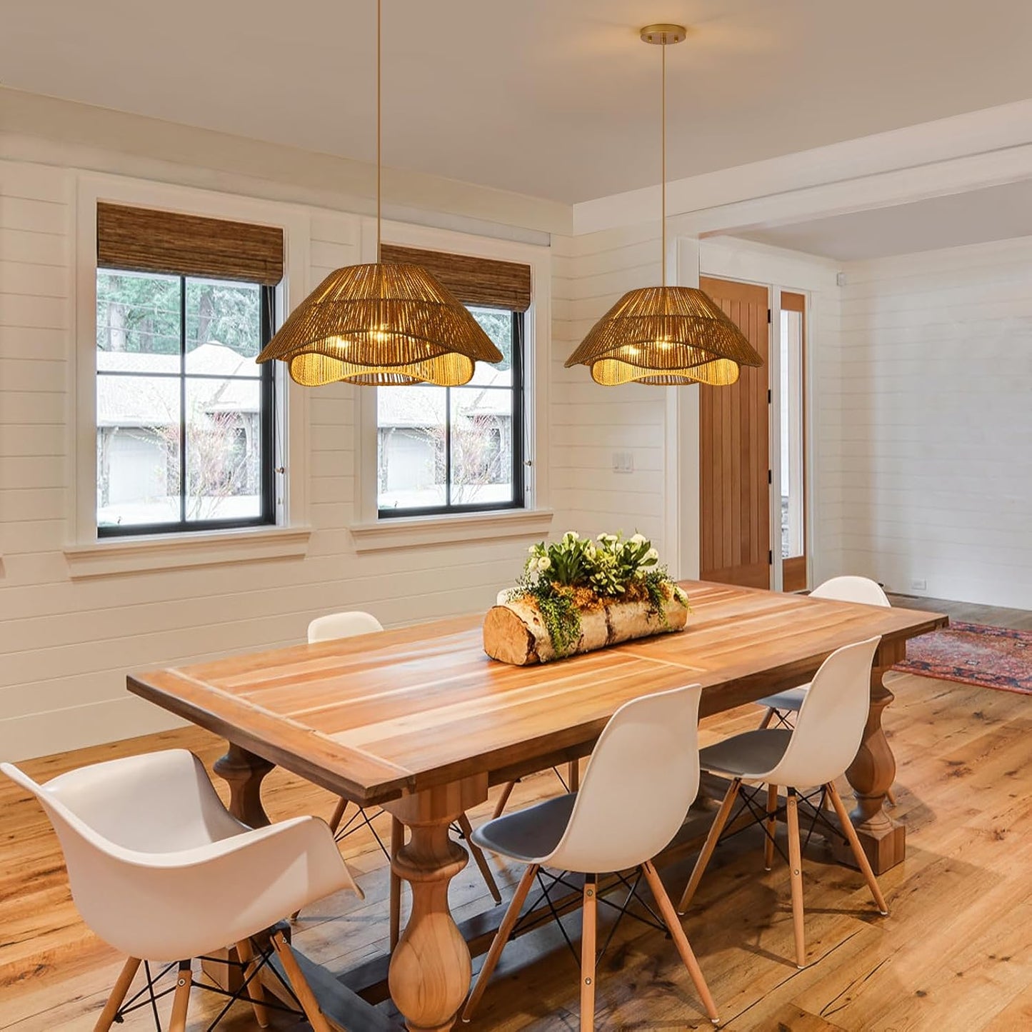 19.68" Large Gold Rattan Pendant Light, 3-Light Farmhouse Chandeliers for Dining Room, Woven Wicker Flush Mount Hanging Light, Adjustable Boho Pendant Lighting for Kitchen Island Bedroom