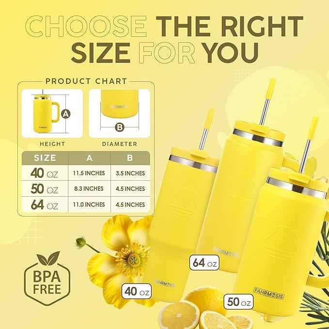 FAHRMOSIS 40 Oz Tumbler with Handle and Straw Insulated Cup that Fits in Cup Holder for Hot & Cold Drinks Leak Proof Tumbler with Straw Stainless Steel Travel Mug for Men & Women - Yellow