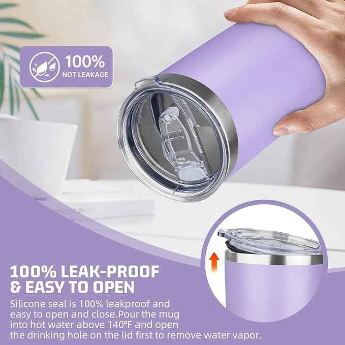 20 oz Tumbler with Lids and Straws, Stainless Steel Insulated Travel Coffee Mug, Double Wall Vacuum Insulated Tumblers, Powder Coated Coffee Tumbler for Cold & Hot Drinks (Light Purple)