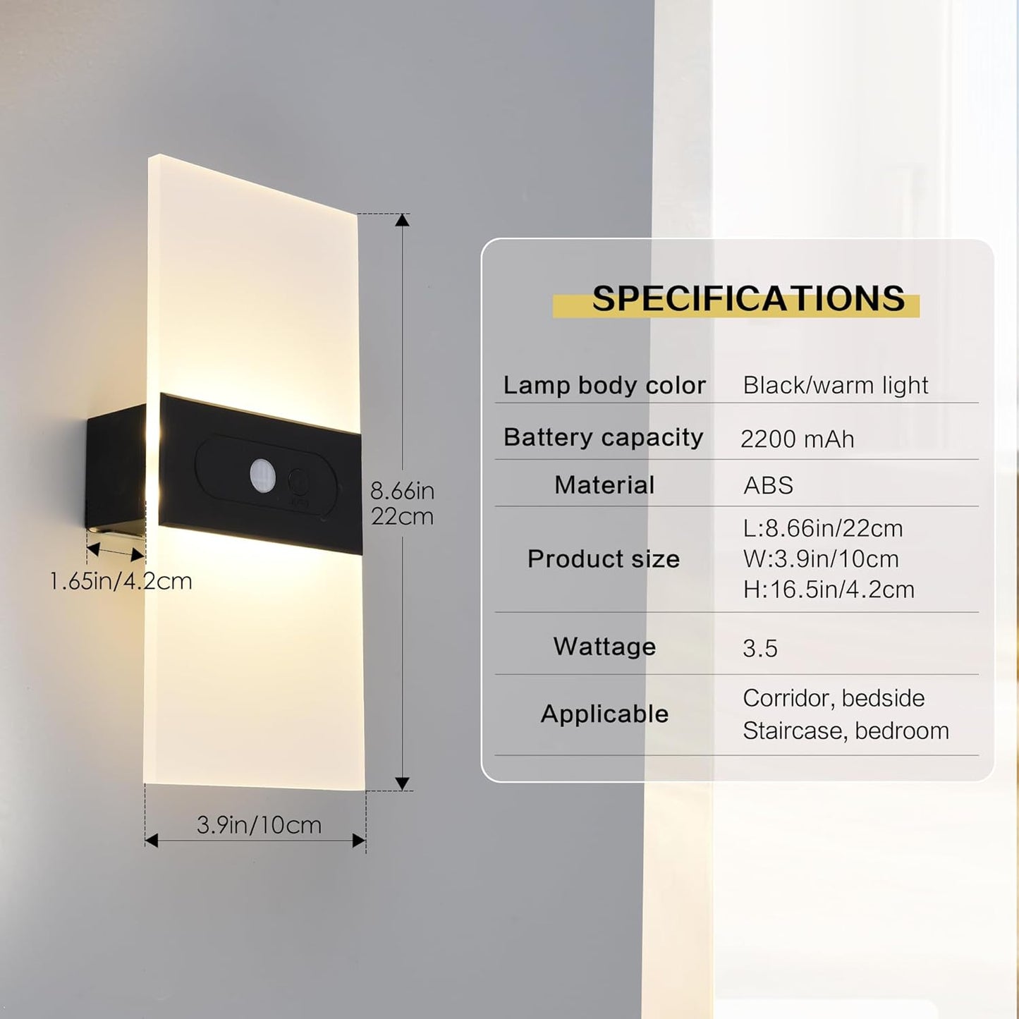 Rechargeable Battery Operated Wall Sconces Set of 2,Magnetic Wireless Led Wall Lamp, Motion Sensor Wall Lights Indoor Dimmable Night Light with Switch for Bedroom,Living Room,Hallway,Stair