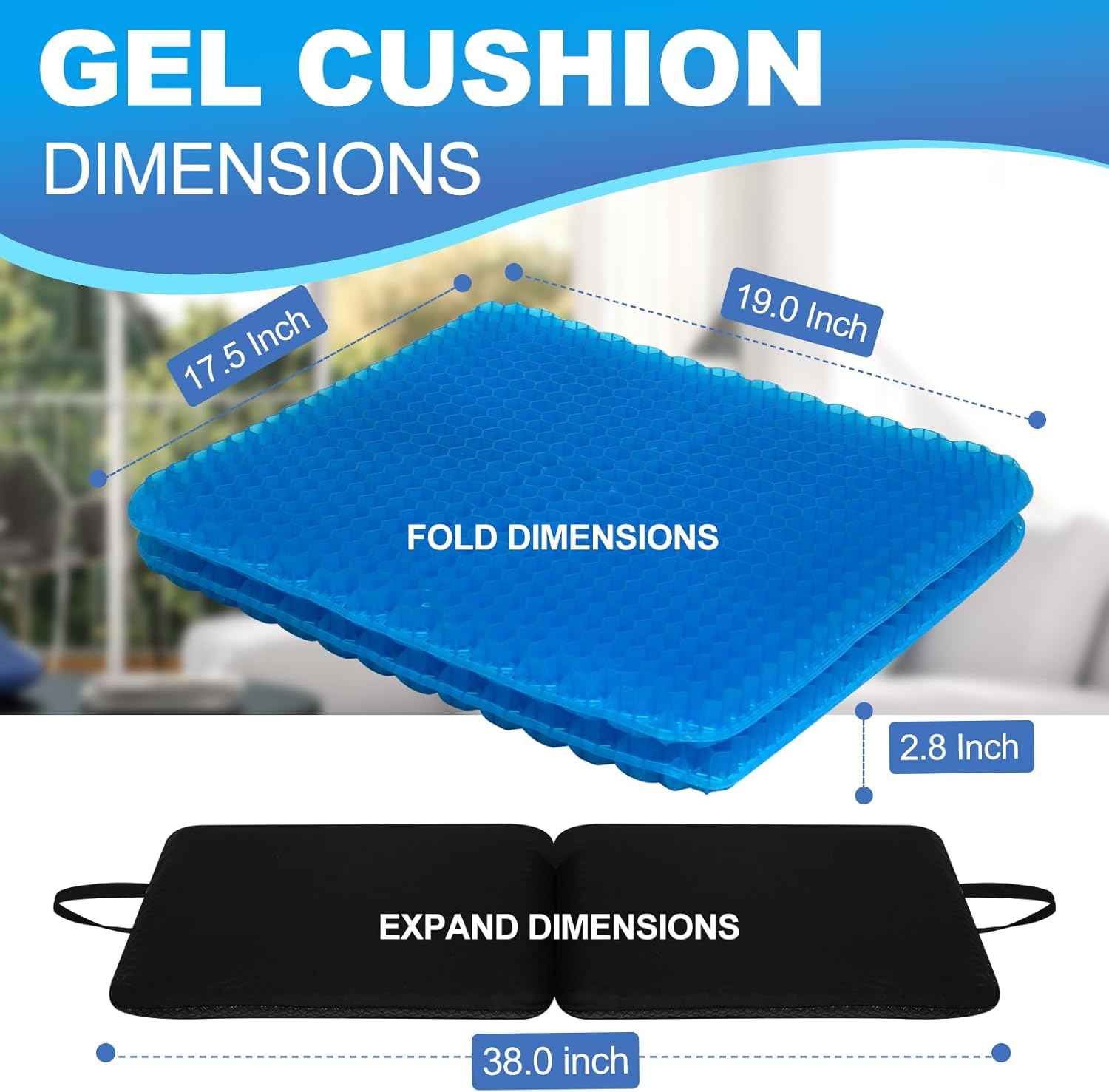 Gel Seat Cushion for Long Sitting-Two Sizes Gel Cushion(Thick＆Large)19"x17.5"x2.8"/38"x17.5"x1.4"(Fold/Expand), Pressure Relief Cushion for Office Chair, Egg Cushions for Wheelchair, Gel Pad for Car