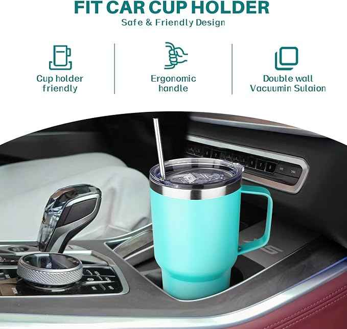30 oz Stainless Steel Tumbler with Handle, Double Wall Vacuum Insulated Coffee Mug Tumbler with Lid and Straw, Thermal Cup for Cold and Hot (Mint Green)