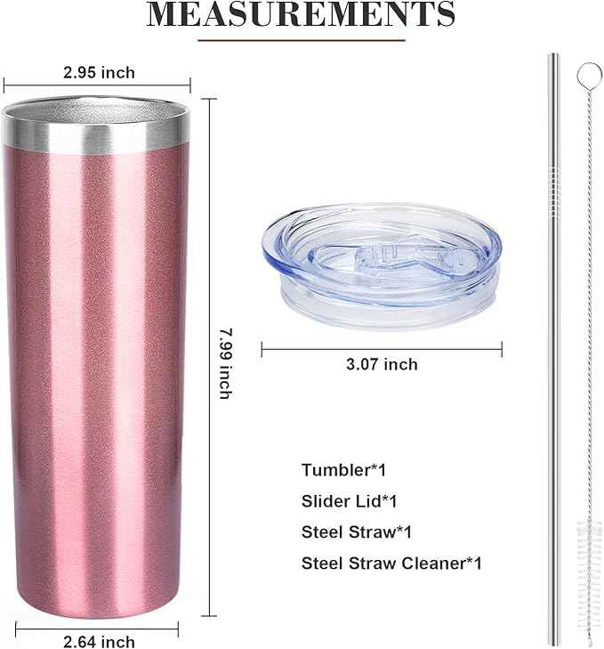 20 oz Skinny Tumblers with Lid and Straw,Stainless Steel Vacuum Insulated Tumbler Cup Double Wall Travel Coffee Mug, Thermal Water Tumbler for Hot and Cold Drinks(Rose Gold,1)