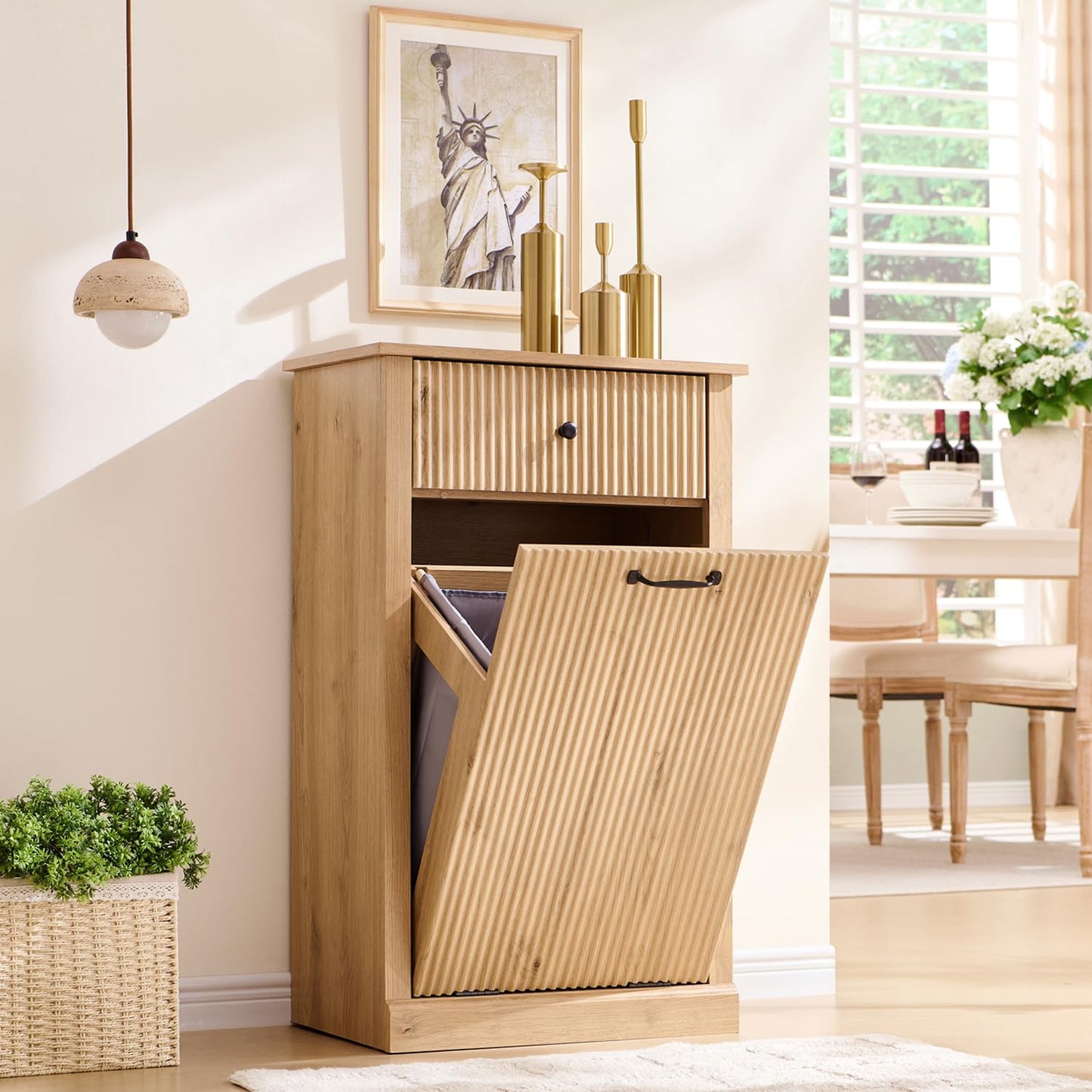 Modern Tilt-Out Trash Can Cabinet, 10 Gallon Fluted Laundry Hamper Cabinet with Drawers, Wooden Hidden Garbage Can Cabinet w/Storage Basket, Free Standing for Kitchen & Living Room,Natural Oak - Lumora Casa