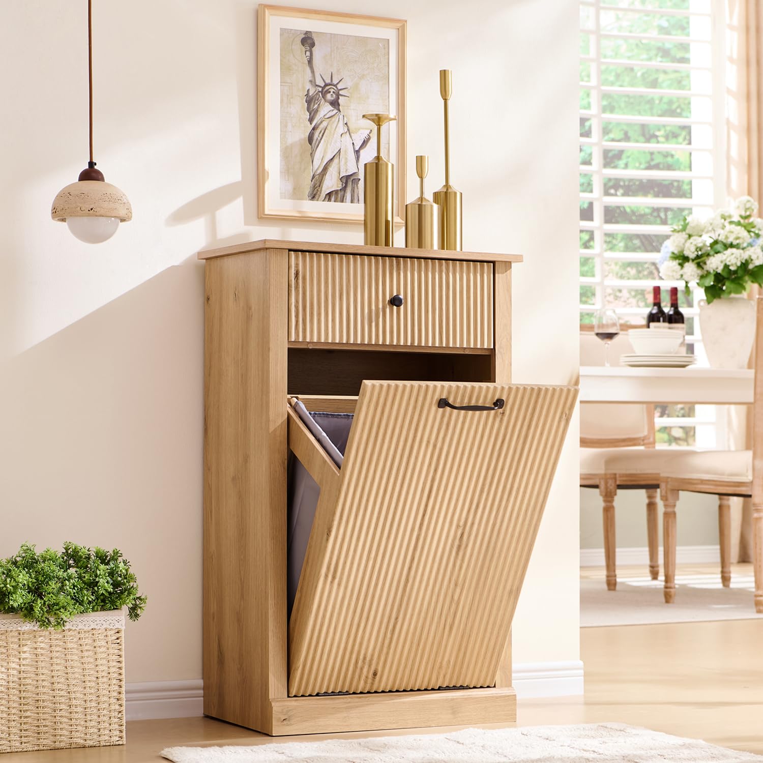 Modern Tilt-Out Trash Can Cabinet, 10 Gallon Fluted Laundry Hamper Cabinet with Drawers, Wooden Hidden Garbage Can Cabinet w/Storage Basket, Free Standing for Kitchen & Living Room,Natural Oak - Lumora Casa