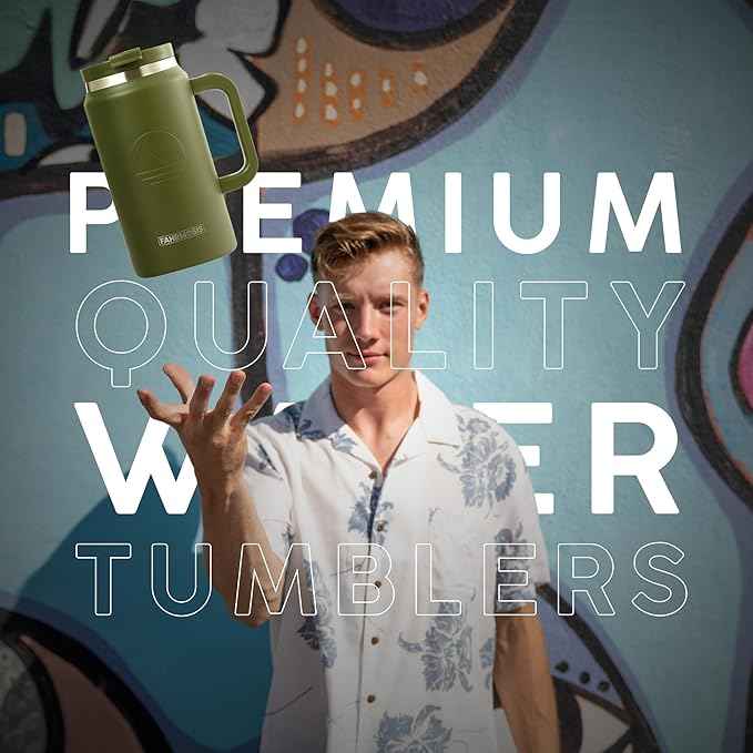 FAHRMOSIS 50 Oz Tumbler with Handle and Straw Large Insulated Tumbler Stainless Steel Travel Mug for Hot & Cold Drinks, Reusable Water Bottle with Lids and Straw - Army Green