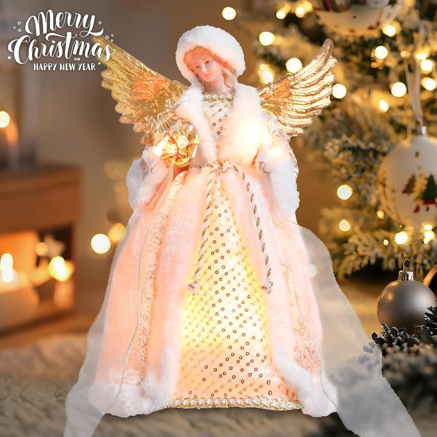 Angel Tree Topper with Lights, 12 Inch Christmas Tree Topper Angel Figurine with Lyre Christmas Tree Angel Treetop for Indoor Home Holiday Party, Champagne Gold