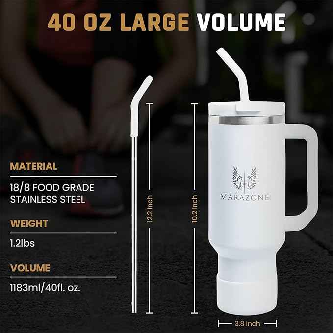 MARAZONE 40oz Stainless Steel Travel Tumbler Cup with Handle, Three-Position Lid, Straw with Silicone Tip, Vacuum Insulated Water Bottle for Hot & Cold Drinks, Great Gifts for Mom, White Dove