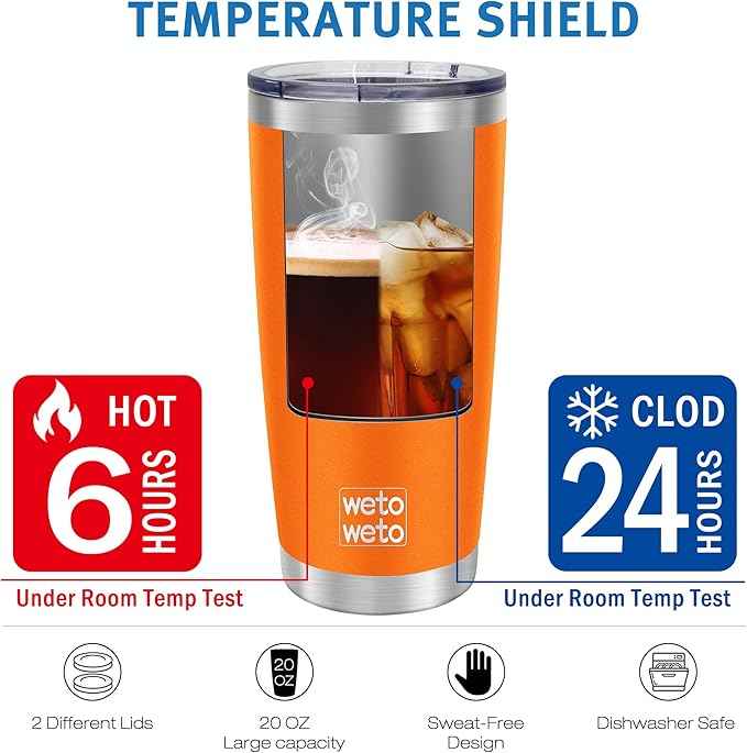 WETOWETO 20oz Tumbler with 2 lids and 2 straws, Stainless Steel Vacuum Insulated Water Coffee Tumbler Cup, Double Wall Powder Coated Spill-Proof Travel Mug Thermal Cup (Orange, 1 Pack)