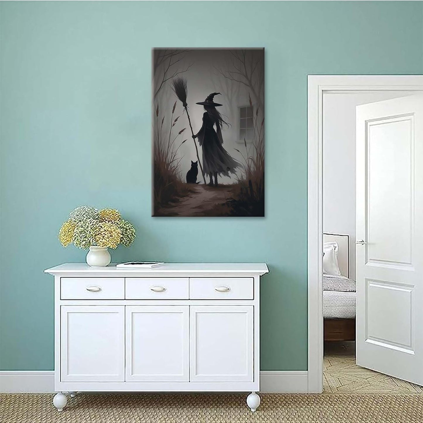 JFHCQJPK Vintage forest witch and black cat poster Halloween mural poster decoration mural art magic suitable for home living room bedroom32x48in Frameless