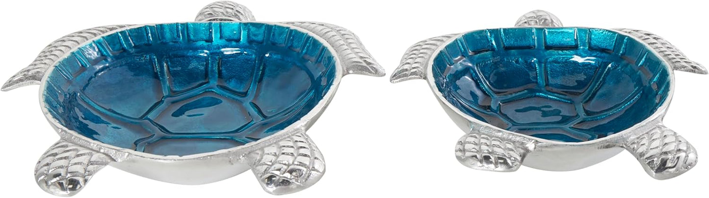 Deco 79 Aluminum Metal Turtle Decorative Bowl Decorative Bowl Enameled Decorative Containers with Silver Metal Exterior, Set of 2 Decorative Keepsake Boxes 10", 8"W, Blue