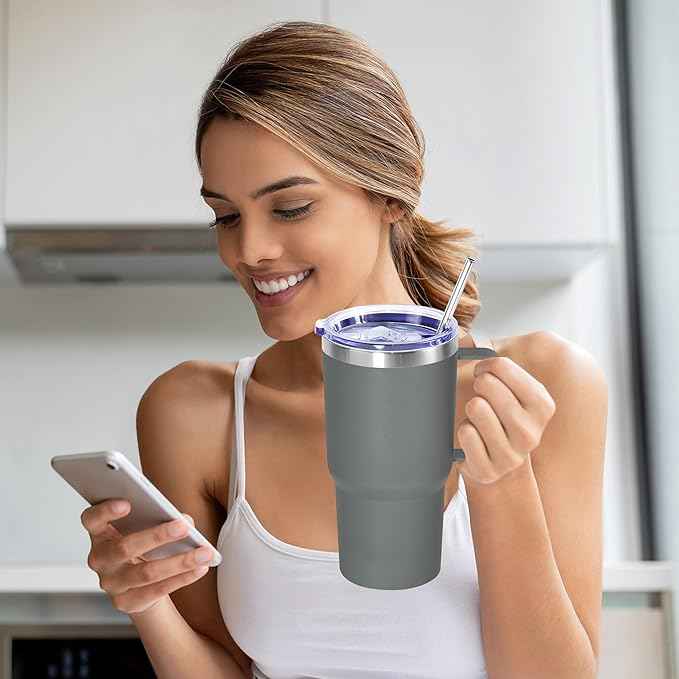 20 oz Tumbler with Handle, insulated cup coffee mug with lid, straw and handle, Double Wall Stainless Steel Vacuum Coffee Tumbler travel mug spill proof, 1pcs Grey